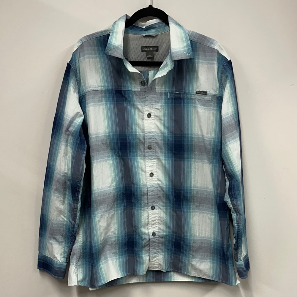 Eddie Bauer Men's Blue and White Plaid Shirt